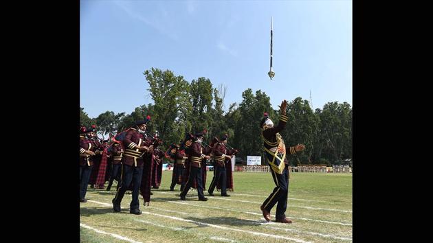 Jammu and Kashmir Police band performs during a full dress rehearsal for the 74th Independence Day celebrations at Sher-i-Kashmir Stadium in Srinagar on August 13. In an Independence Day advisory issued last month, the government had pressed for the use of technology “in a best possible manner for the celebration befitting the occasion,” also directing to avoid large gatherings and congregation of people in large numbers, HT reported. (Waseem Andrabi / HT Photo)