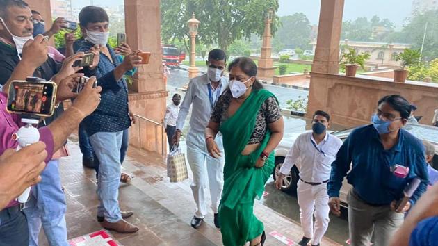 Former Rajasthan chief minister and BJP leader Vasundhara Raje at the state Assembly as the special session began. (HT Photo) Former Rajasthan chief minister and BJP leader Vasundhara Raje at the state Assembly as the special session began. (HT Photo)