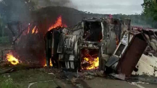 The trucks loaded with rice and mosambi (sweet lime) were coming from opposite directions when it engaged in a head-on collision.(ANI Twitter)