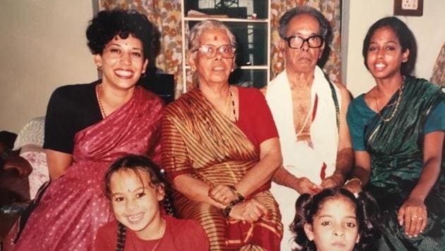KamalaHarris, back row at left,in an undated family photo. Next to her, from left, her grandmother Rajam, grandfather P.V. Gopalan and sister, Maya Harris.(Twitter) KamalaHarris, back row at left,in an undated family photo. Next to her, from left, her grandmother Rajam, grandfather P.V. Gopalan and sister, Maya Harris.(Twitter)