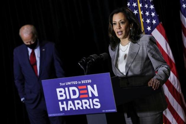 Democratic US vice-presidential candidate Kamala Harris speaks to reporters with Democratic US presidential candidate Joe Biden, Wilmington, Delaware, US, August 13, 2020(REUTERS)