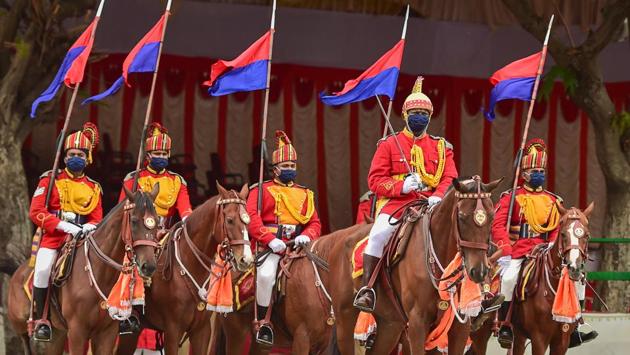 Tamil Nadu Police contingent during a full dress rehearsals for the 74th Independence Day celebrations at State Headquarters in Chennai, on August 13. (R Senthil Kumar / PTI)