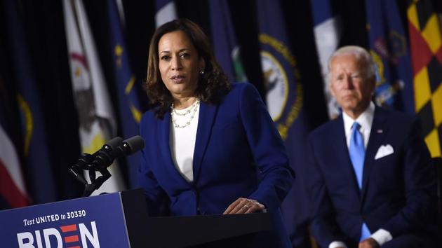 Democratic vice presidential running mate, US Senator Kamala Harris, speaks as Democratic presidential nominee and former US Vice President Joe Biden during the first press conference with Joe Biden in Wilmington, Delaware, on August 12, 2020. (Photo by Olivier DOULIERY / AFP)(AFP) Democratic vice presidential running mate, US Senator Kamala Harris, speaks as Democratic presidential nominee and former US Vice President Joe Biden during the first press conference with Joe Biden in Wilmington, Delaware, on August 12, 2020. (Photo by Olivier DOULIERY / AFP)(AFP)