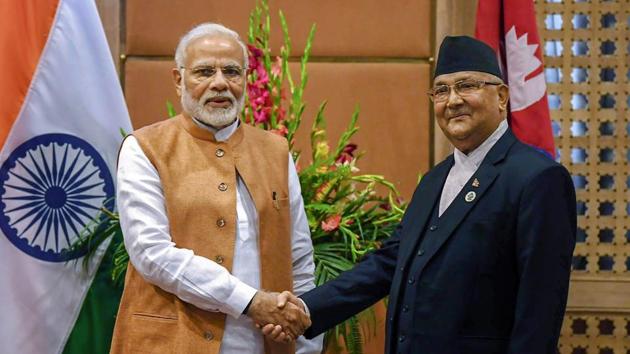 Prime Minister Narendra Modi with Prime Minister of Nepal KP Sharma Oli at a meeting on the sidelines of the 4th BIMSTEC Summit, in Kathmandu, Nepal in August, 2018.(PTI File Photo)