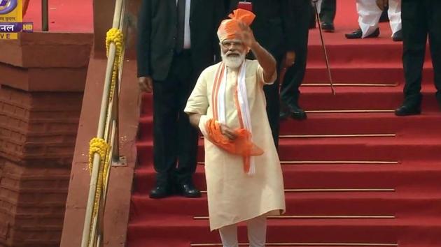 Prime Minister Narendra Modi at Red Fort on the occasion of 74th Independence Day.(YouTube/Doordarshan National)