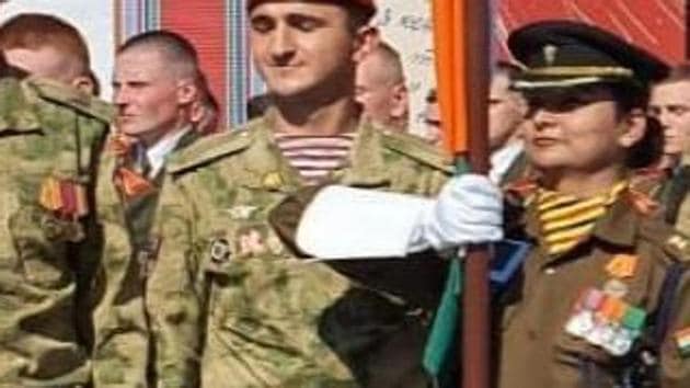 Major Shweta Pandey represents the nation in Victory Day parade held in Moscow, Russia.(ANI) Major Shweta Pandey represents the nation in Victory Day parade held in Moscow, Russia.(ANI)
