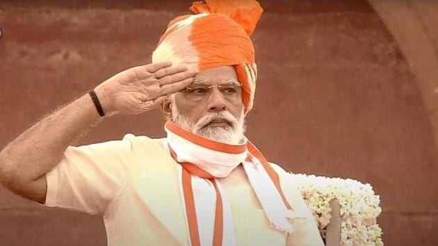 Prime Minister Narendra Modi at the Red Fort after addressing the nation on Independence Day on Saturday.(Credit: YouTube/Doordarshan National) Prime Minister Narendra Modi at the Red Fort after addressing the nation on Independence Day on Saturday.(Credit: YouTube/Doordarshan National)