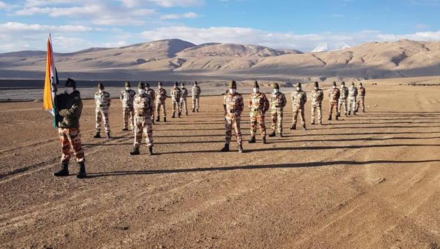ITBP soldiers near the Pangong Tso lake in Ladakh on Saturday morning.(Pic: ITBP)