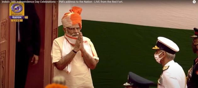 Prime Minister Narendra Modi opted for a predominant mix of orange and yellow coloured headgear for celebrations of the country’s 74th Independence Day at Red Fort on the 74th Independence Day on Saturday, August 15, 2020. (YouTube/Doordarshan National)