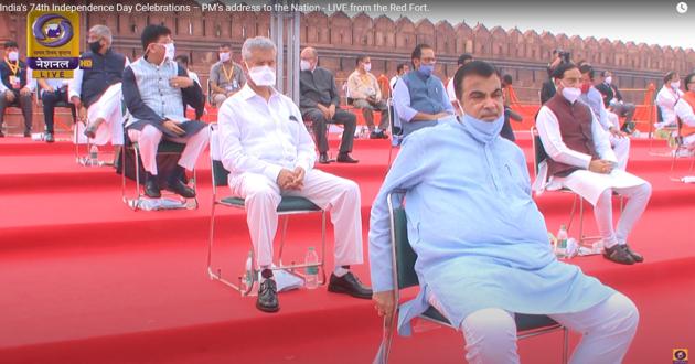 Minister of Road Transport & Highways Nitin Gadkari is pictured in the audiece during the Prime Minister’s address for India’s 74th Independence Day at Red Fort on Saturday, August 15, 2020., in New Delhi (YouTube/Doordarshan National)
