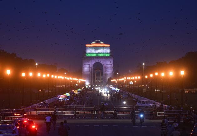 Illuminated view of India Gate on the eve of Independence Day at Vijay Chowk in New Delhi, India, on Friday, August 14, 2020. (Sanchit Khanna/HT PHOTO)