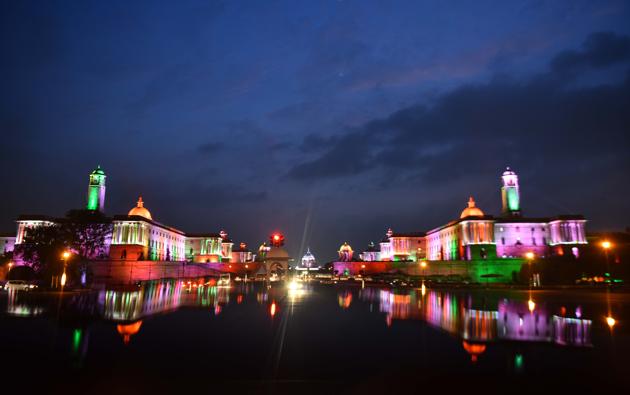 Raisina Hills illuminated on the eve of the 74th Independence Day at Vijay Chowk in New Delhi, India, on Friday, August 14, 2020. (Sanchit Khanna/HT PHOTO)