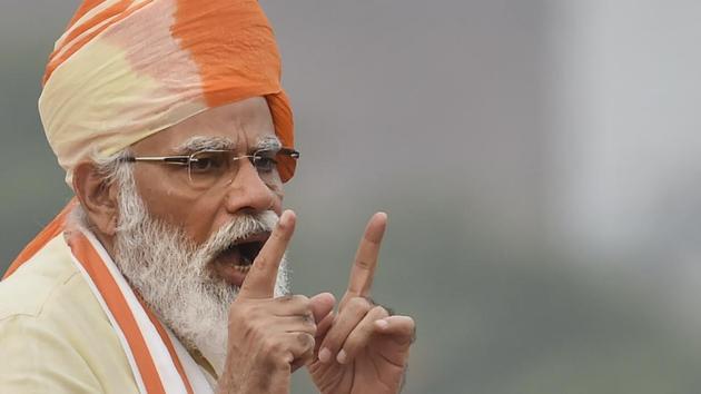 Prime Minister Narendra Modi addresses the nation as part of the 74th Independence Day celebrations at Red Fort in New Delhi.(PTI) Prime Minister Narendra Modi addresses the nation as part of the 74th Independence Day celebrations at Red Fort in New Delhi.(PTI)