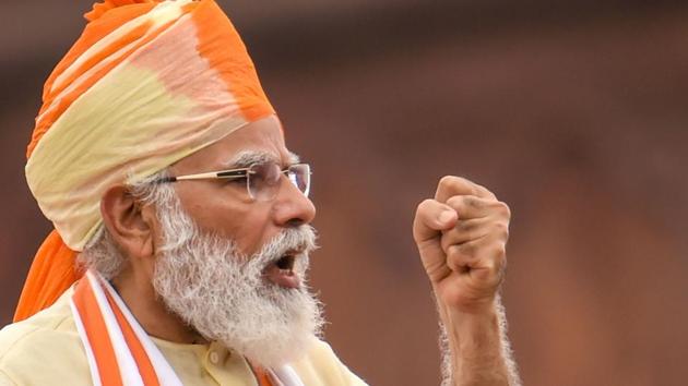 Prime Minister Narendra Modi addresses the nation during the 74th Independence Day celebrations, at Red Fort in New Delhi, on Saturday.(PTI Photo) Prime Minister Narendra Modi addresses the nation during the 74th Independence Day celebrations, at Red Fort in New Delhi, on Saturday.(PTI Photo)
