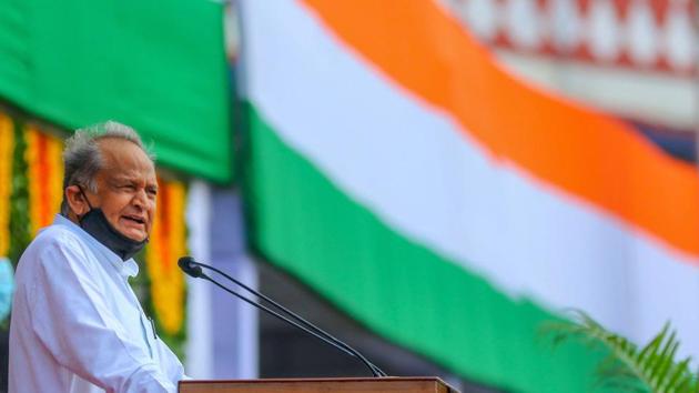 Rajasthan chief minister Ashok Gehlot speaks during the 74th Independence Day celebrations, at Sawai Mansingh Stadium in Jaipur on August 15, 2020. (PTI Photo) Rajasthan chief minister Ashok Gehlot speaks during the 74th Independence Day celebrations, at Sawai Mansingh Stadium in Jaipur on August 15, 2020. (PTI Photo)