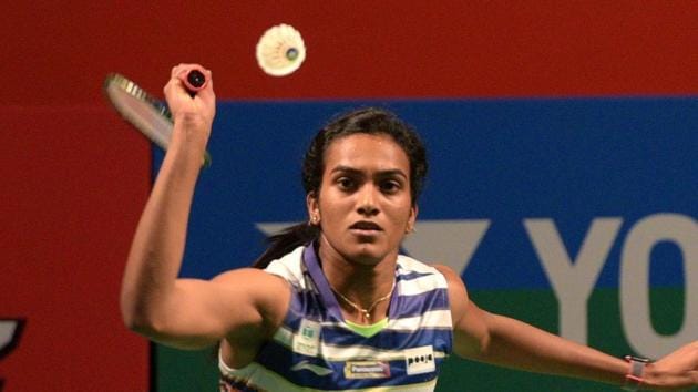 PV Sindhu in action against Mugdha Agrey during India Open 2019, at KD Jadhav Indoor Stadium, in New Delhi.(Mohd Zakir/HT PHOTO)