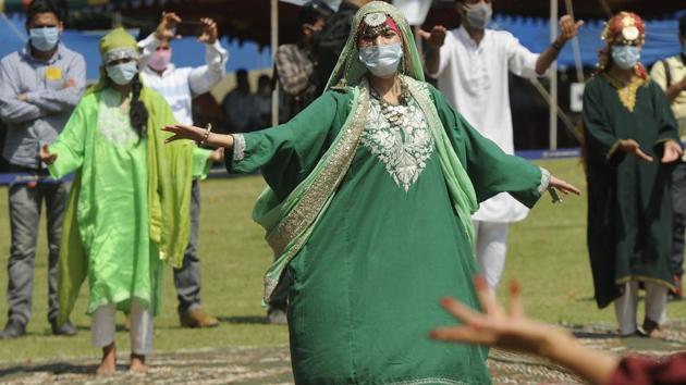 A cultural performance during a ceremony on the 74th Independence Day at Sher-i-Kashmir cricket stadium in Srinagar on August 15. Jammu and Kashmir Lieutenant Governor Manoj Sinha hoisted the national flag at the stadium. Sinha, a former union minister, took the oath of office as Lieutenant Governor on August 7, 2020. (Waseem Andrabi / HT Photo) 
