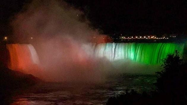 The scenic Canadian landmark of Niagara Falls was illuminated in the hues of the tricolour on the evening of August 15, 2020.(Photo Credit: Indian Consulate, Toronto)