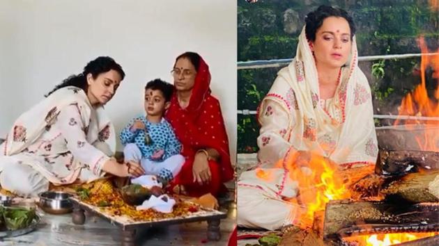 Kangana Ranaut takes part in a puja with mother and nephew. Kangana Ranaut takes part in a puja with mother and nephew.