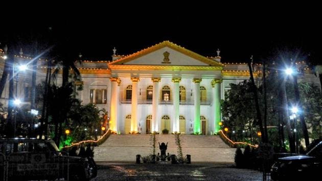 Raj Bhavan illuminated on the eve of 74th Independence Day, in Kolkata, Friday, Aug 14, 2020.(PTI)