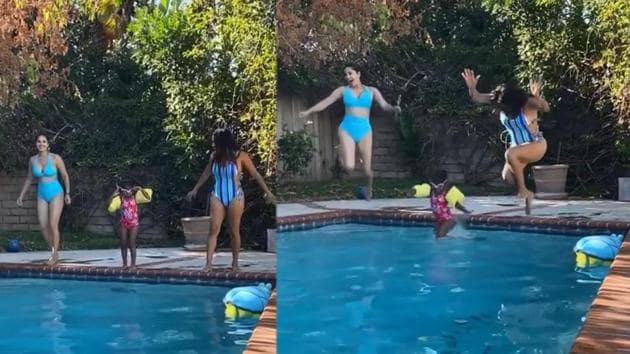 Sunny Leone swimming with daughter Nisha and a friend.