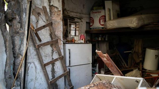 The remains of a house that was damaged by the explosion at the Beirut port, stands in Karantina on August 12. The warehouse explosion killed at least 172 people, wounded thousands and ravaged entire districts. It shattered walls and ripped out balconies in Karantina. (Alkis Konstantinidis / REUTERS) The remains of a house that was damaged by the explosion at the Beirut port, stands in Karantina on August 12. The warehouse explosion killed at least 172 people, wounded thousands and ravaged entire districts. It shattered walls and ripped out balconies in Karantina. (Alkis Konstantinidis / REUTERS)
