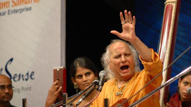 Pandit Jasraj at a Janmashtami programme at Nehru Center at Worli in Mumbai on August 22, 2008. Classical vocalist Pandit Jasraj passed away at the age of 90 on August 17, 2020. He died of cardiac arrest at his house in New Jersey, United States. (Photo by Amlan Dutta / HT Archive)