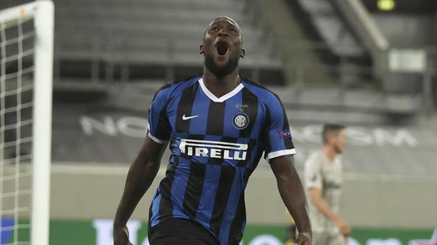 Inter Milan's Romelu Lukaku celebrates after scoring his side's fifth goal during the Europa League semifinal soccer match between Inter Milan and Shakhtar Donetsk at Dusseldorf Arena, in Duesseldorf, Germany, Monday, Aug. 17, 2020. (Lars Baron/Pool Photo via AP)(AP)