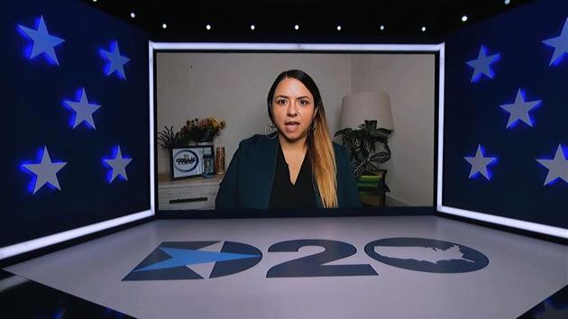 Kristin Urquiza speaks during the first night of the Democratic National Convention on Monday.(AP Photo)