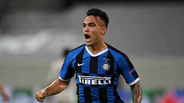 Inter Milan's Lautaro Martinez celebrates scoring their first goal. (REUTERS)