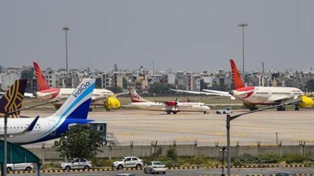 Planes of different airlines parked at T-3 of IGI Airport in New Delhi.(PTI File Photo)