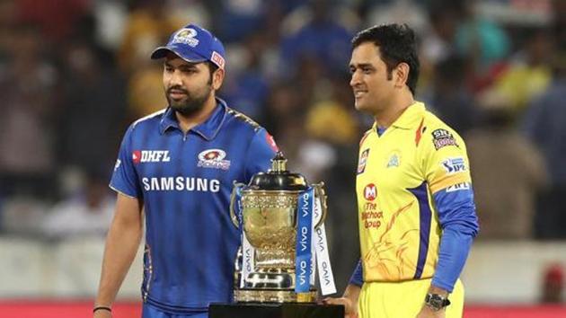 HYDERABAD, INDIA - MAY 12: Rohit Sharma of the Mumbai Indians and MS Dhoni of the Chennai Super Kings are seen at the coin toss during the Indian Premier League Final match between the Mumbai Indians and Chennai Super Kings at Rajiv Gandhi International Cricket Stadium on May 12, 2019 in Hyderabad, India.(Getty Images)