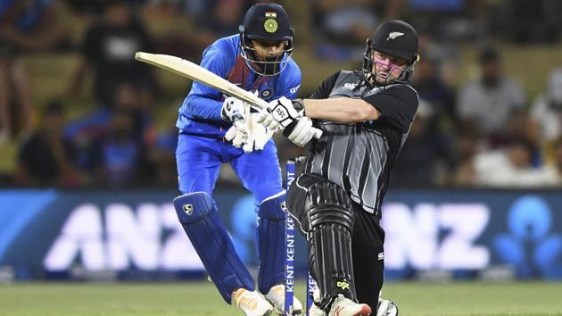 New Zealand's Colin Munro bats during the Twenty/20 cricket international between India and New Zealand at Bay Oval in Mt Maunganui, New Zealand, Sunday, Feb. 2, 2020.(AP)