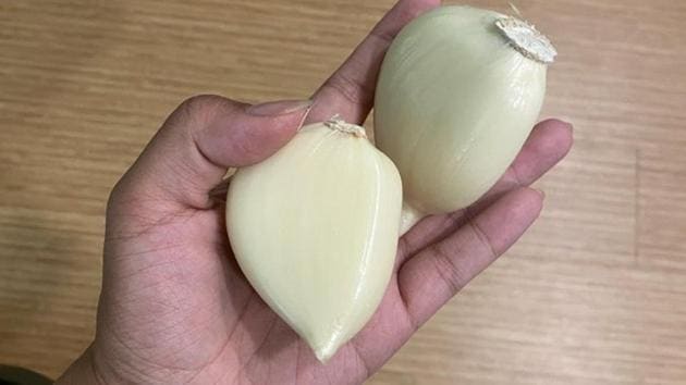 The image shows someone holding two large cloves of garlic.(Twitter/@monyeeart)