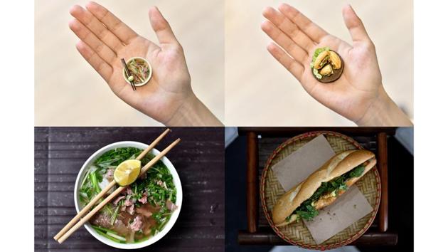 Nguyen Thi Ha An holding her creations ‘Pho Ha Noi’ (top L) and ‘Banh Mi’ (top R) at her studio and real-life sized versions of a bowl of pho (bottom L) and banh mi at an eatery in Hanoi. “Each model comes with its own difficulty,” she told AFP. “The bowls have to be very clean and neat, while we must show the lines on a scallion to convey its texture.” (Manan Vatsyayana / AFP) Nguyen Thi Ha An holding her creations ‘Pho Ha Noi’ (top L) and ‘Banh Mi’ (top R) at her studio and real-life sized versions of a bowl of pho (bottom L) and banh mi at an eatery in Hanoi. “Each model comes with its own difficulty,” she told AFP. “The bowls have to be very clean and neat, while we must show the lines on a scallion to convey its texture.” (Manan Vatsyayana / AFP)