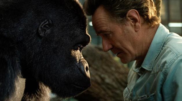 The One and Only Ivan movie review: This image released by Disney Plus shows Bryan Cranston, right, with a gorilla named Ivan, voiced by Sam Rockwell.(AP)