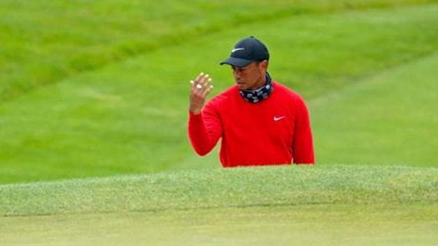 Tiger Woods reacts after playing from the bunker on the 10th hole during the final round of the 2020 PGA Championship golf tournament at TPC Harding Park. Mandatory Credit: (USA TODAY Sports) Tiger Woods reacts after playing from the bunker on the 10th hole during the final round of the 2020 PGA Championship golf tournament at TPC Harding Park. Mandatory Credit: (USA TODAY Sports)