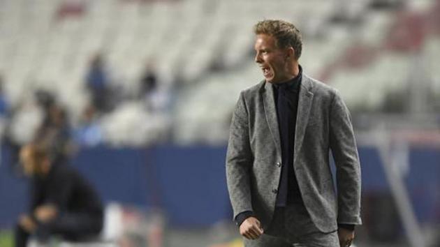 Leipzig's head coach Julian Nagelsmann shouts during the Champions League semifinal soccer match between RB Leipzig and Paris Saint-Germain at the Luz stadium in Lisbon, Portugal, Tuesday, Aug. 18, 2020. (AP)