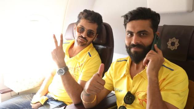 Shardul Thakur and Ravindra Jadeja are all smiles as they get set to leave for the Emirates (Twitter/CSK)