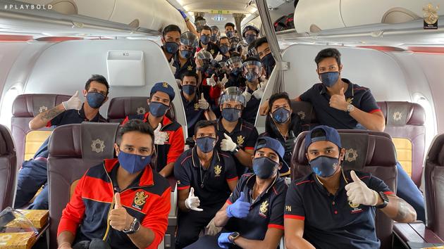 Players of Royal Challengers Bangalore embarked on their journey to the Emirates. Some of the recognisable players in the picture are leg-spinner Yuzvendra Chahal, wicket-keeper Parthiv Patel and fast bowlers Umesh Yadav and Navdeep Saini. However, Virat Kohli could not be spotted (Twitter/RCB)
