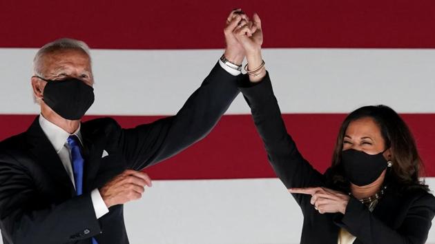 Democratic presidential candidate and former Vice President Joe Biden and US Senator and Democratic candidate for Vice President Kamala Harris celebrate outside the Chase Center after Biden accepted the 2020 Democratic presidential nomination during the largely virtual 2020 Democratic National Convention, in Wilmington, Delaware.(REUTERS) Democratic presidential candidate and former Vice President Joe Biden and US Senator and Democratic candidate for Vice President Kamala Harris celebrate outside the Chase Center after Biden accepted the 2020 Democratic presidential nomination during the largely virtual 2020 Democratic National Convention, in Wilmington, Delaware.(REUTERS)