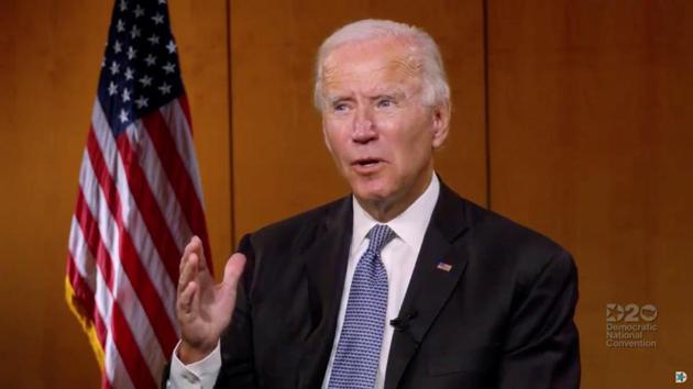 Democratic presidential nominee and former Vice President Joe Biden speaks with union workers on the economy in a segment during the 4th and final night of the 2020 Democratic National Convention.(REUTERS)