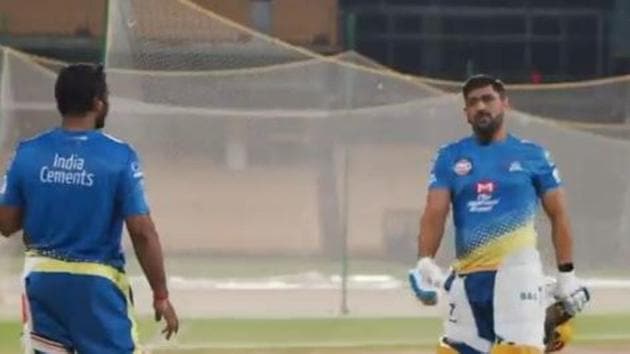 MS Dhoni during CSK’s training session ahead of IPL 2020(screengrab)