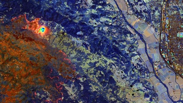 An SWIR satellite image shows LNU Lightning Complex wildfire burning in Sonoma County near Healdsburg, California, US, August 20, 2020. (via REUTERS) An SWIR satellite image shows LNU Lightning Complex wildfire burning in Sonoma County near Healdsburg, California, US, August 20, 2020. (via REUTERS)