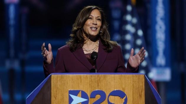 Democratic vice presidential candidate Sen. Kamala Harris, D-Calif., speaks during the third day of the Democratic National Convention.(AP)