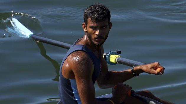 Dattu Baban Bhokanal of India reacts in the Single Sculls Final C at Lagoa Stadium.(Getty Images)