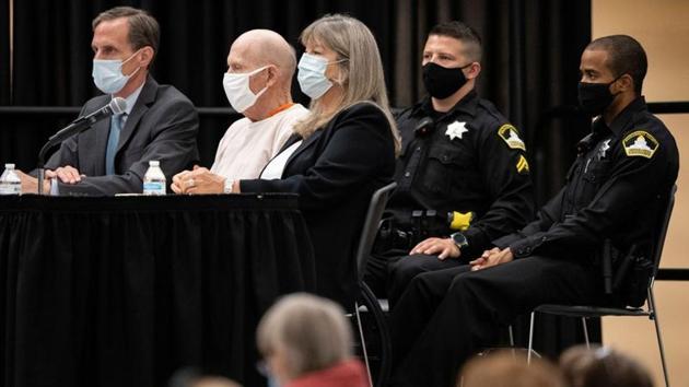 Joseph James DeAngelo, known as the Golden State Killer, sits with public defenders Joseph Cress (L) and Diane Howard at his sentencing hearing held at CSU Sacramento in Sacramento, California, US.(via REUTERS)