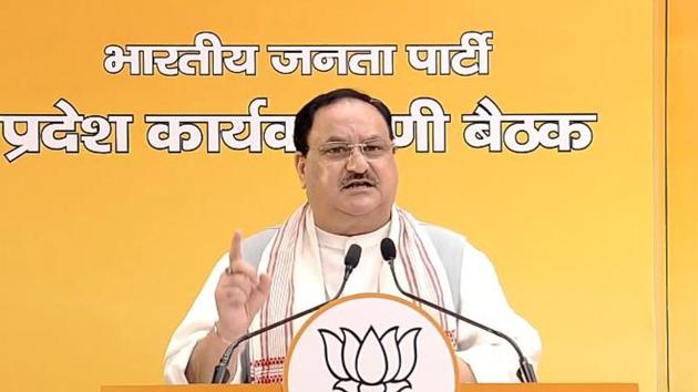 BJP chief JP Nadda addresses the party’s Bihar working committee though video conferencing on Sunday.(BJP/Twitter)