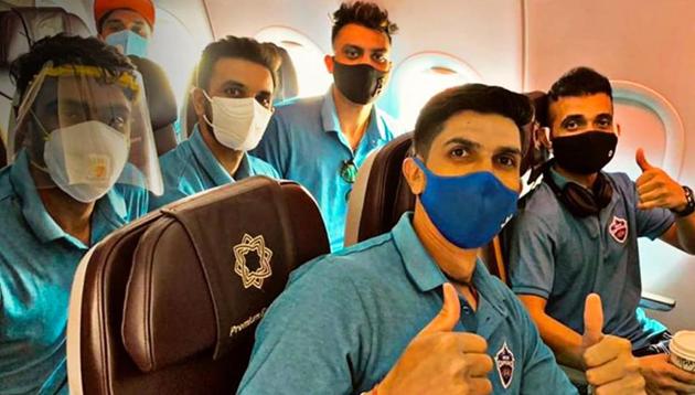 Delhi Capitals players on their way to Dubai