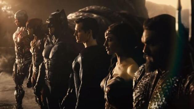 The DC superheroes line up in a still from Zack Snyder’s Justice League.